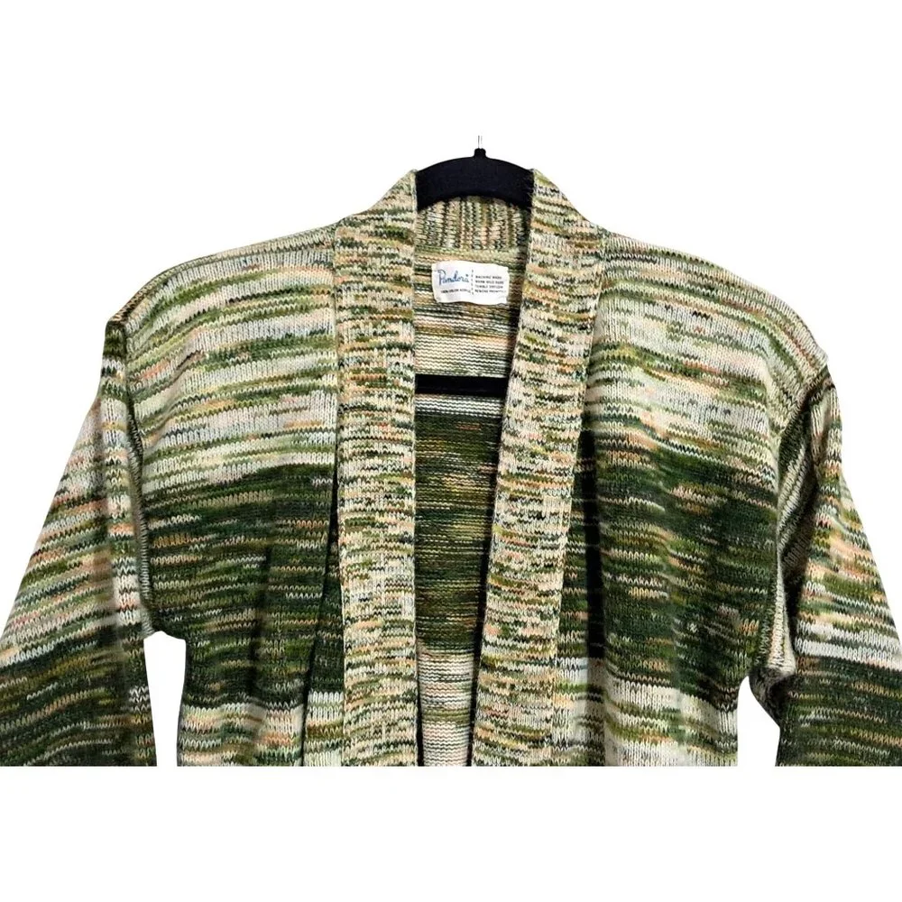 Vintage 70s Pandora Green & Cream Knit Open Front Cardigan Sweater With Belt - Picture 5 of 8